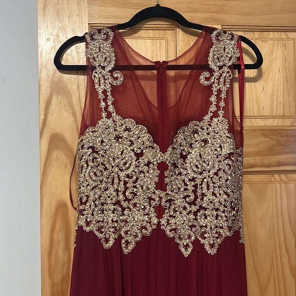 Burgundy and Gold Embellished Long Evening Gown Prom Dress - Picture 3 of 4